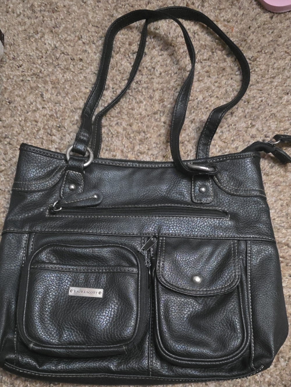 Laura Scott Black Shoulder Tote with Front Pockets